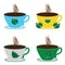 Seth four tea cups of different colors with hot black tea and tea leaves on a white background