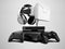 Seth game consoles with joysticks for doubles with virtual reality glasses 3d render on gray background with shadow