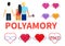 Seth polyamory. Two guys and a girl hold hands and hug. Several symbols of polyamoria - hearts and infinity sign in