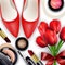 Sets of cosmetics background with red tullips