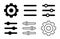 Setting black icon set. Isolated option symbols on white background. Gear cogwheel settings, basic app options. Config glyph.