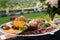 Setting of the table with food for breakfast, bread, beverage, shallow focus, cafe, hotel buffet