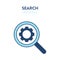 Settings search icon. Vector illustration of a magnifier tool with gear symbol inside. Represents concept of settings, maintenance