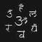 The seven bija mantras with chakras set style white on the black background. Illustration of Hinduism and Buddhism.