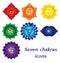 Seven chakras icons, colorful spiritual tattoos. Kundalini yoga symbols