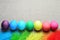 Seven chicken easter eggs coloring in rainbow colors are in a row with ostrich colorful feathers on a canvas background