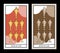 Seven of cups. Tarot cards. Seven cups with a lid, golden and shiny on a cloud background