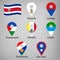 Seven  flags the Provinces of Costa Rica -  alphabetical order with name.  Set of 2d geolocation signs like flags Regions of Costa