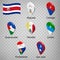 Seven  flags the Provinces of Costa Rica -  alphabetical order with name.  Set of 3d geolocation signs like flags Regions of Costa