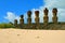 Seven Gigantic Moai Statues of Ahu Nau Nau Ceremonial Platform from the Back, Anakena Beach, Easter Island, Chile