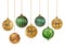 Seven gold and green decoration Christmas balls collection hanging isolated