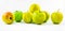 Seven green and yellow apples on a white background