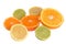 Seven halves of orange, minneola, mandarin, lime and lemon isolated