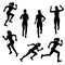 Seven isolated vector silhouettes of running girls in warm sports clothes
