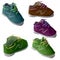 Seven old sports shoes handmade with plasticine
