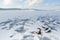 Seven perch on a snow in a frozen mountain lake. Ice fishing. Copy space.