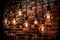 Seven Radiant Elegant And Luxurious Light Bulbs Hang In Front Of A Dark Red And Brown Textured Brick Wall - Generative AI