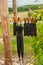 Seven rain umbrellas in a grape vineyard in southwest, Spain