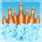 Seven realistic mock up brown bottle of beer among ice cubes on blue background