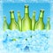 Seven realistic mock up green bottle of beer among ice cubes on blue background