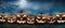 Seven spooky halloween pumpkin, Jack O Lantern, with an evil face and eyes on the grass with a misty night sky background with a