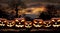 Seven spooky halloween pumpkin, Jack O Lantern, with an evil face and eyes on a wooden bench