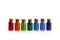 Seven tiny glass bottles with a cork stopper, filled with a rainbow colours of beads, on a white background