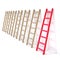 Seven wooden ladders leaning against a wall, one is red. 3D rendering