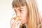 Seven year old girl breathing asthmatic medicine healthcare inhaler