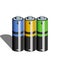 Several AA or AAA batteries of different colors on a white background with a long shadow