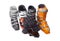 Several alpine ski boots, ski goggles and ski glove