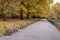 Several benches near the pond in Battersea Park during autumn season in London