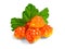 Several berries of cloudberries with a leaf isolated on a white background with clipping paths with shadow and without