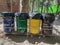 Several bins with different color using to collect rubbish