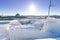 Several boats covered with layers of ice - Beautiful winter landscape with snow and ice in sunny day - Lake Baikal, Russia