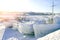 Several boats covered with layers of ice - Beautiful winter landscape with snow and ice in sunny day - Lake Baikal, Russia