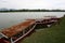 Several boats in Situ Cileunca, Pangalengan, West Java, Indonesia. The atmosphere of Lake Cileunca with a row of boats leaning