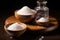 Several bowls of different types of salt on a wooden table