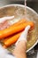 Several carrots washing under running water.