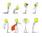Several characters stand in different poses. They have thin bodies and yellow heads.