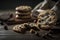Several chocolate chip cookies on a dark wooden surface, one broken, with scattered chocolate pieces, dramatic lighting. ai