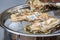 Several closed oysters lie in a pan with ice