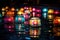 several colorful diwali lanterns floating in a pool at night