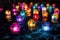 several colorful diwali lanterns floating in a pool at night