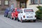 Several colorful oldtimer rental cars Fiat 126 parked in the yard