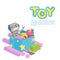 Several colorful toy in blue box on white background. Toy template