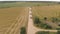 Several combine harvesters move along a gravel country road in the countryside