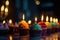 Several cupcakes with a burning candle, dark background. Ai generated