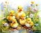 several cute ducklings and flowers.