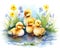 several cute ducklings and flowers.